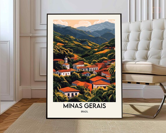 Minas Gerais Brazil Colonial Town Mountains Retro Travel Poster