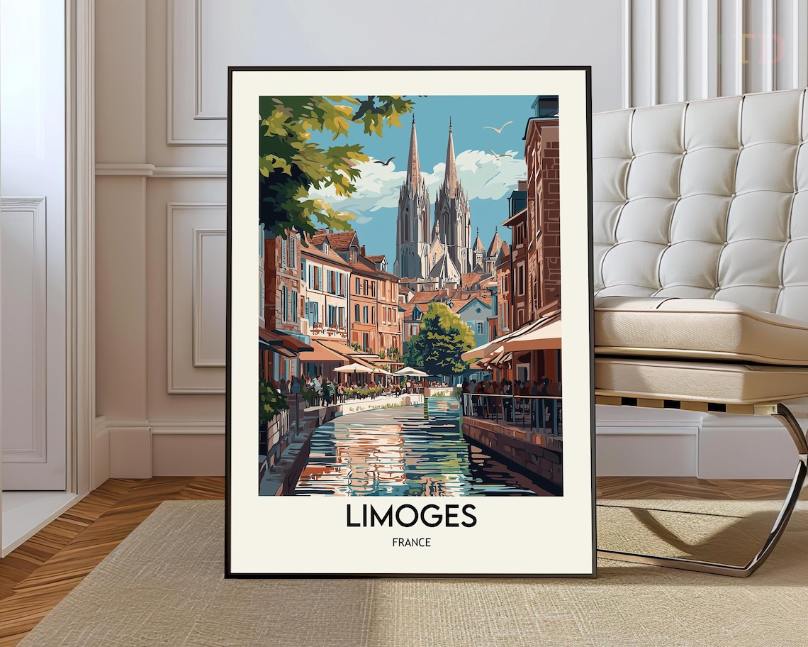 Limoges France Canal Cathedral Reflections Town Travel Poster