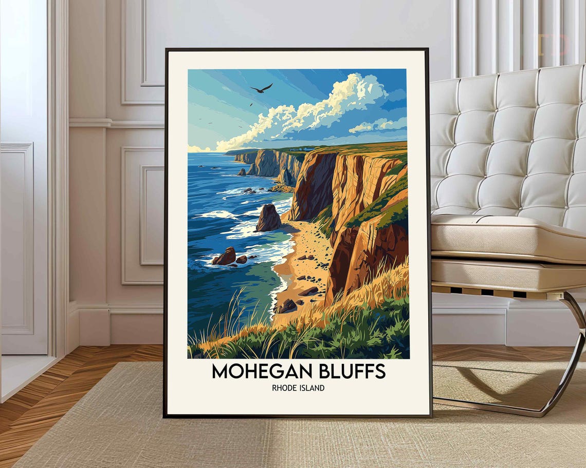 Mohegan Bluffs Rhode Island Coastal Cliffs Illustration Travel Poster