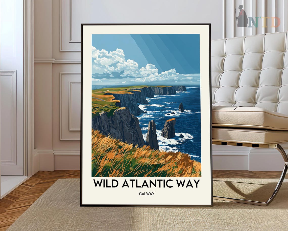Wild Atlantic Way Galway Sea Cliffs Irish Coastal Travel Poster