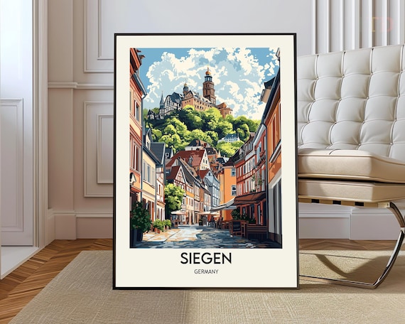 Siegen Germany Old Town Street with Castle Hill Retro Travel Poster