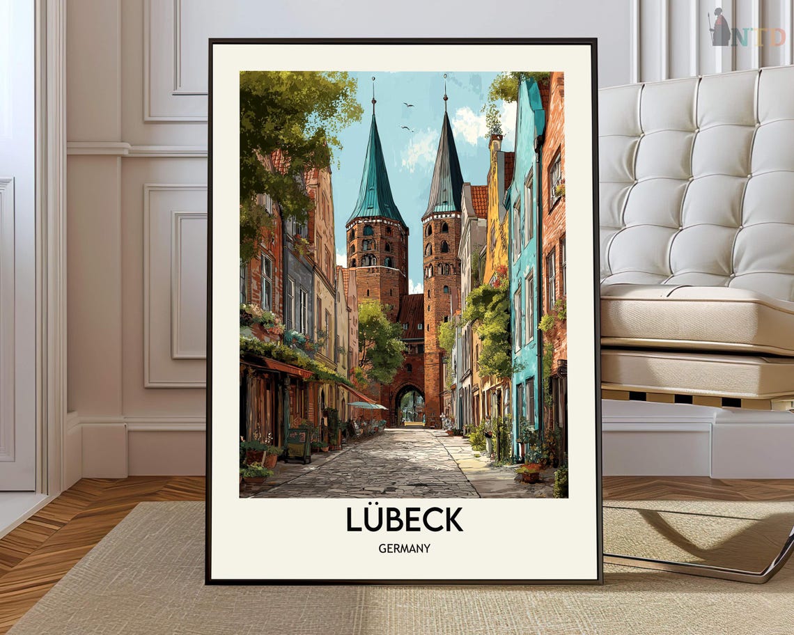 Lubeck Germany Poster Holstentor Gate Cobblestone Old Town Travel Art