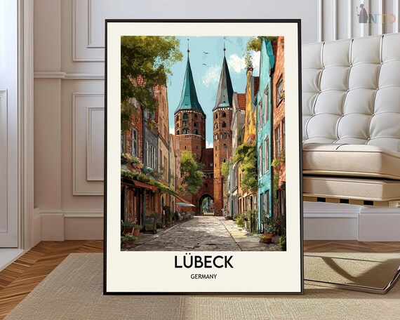 Lubeck Germany Poster Holstentor Gate Cobblestone Old Town Travel Art