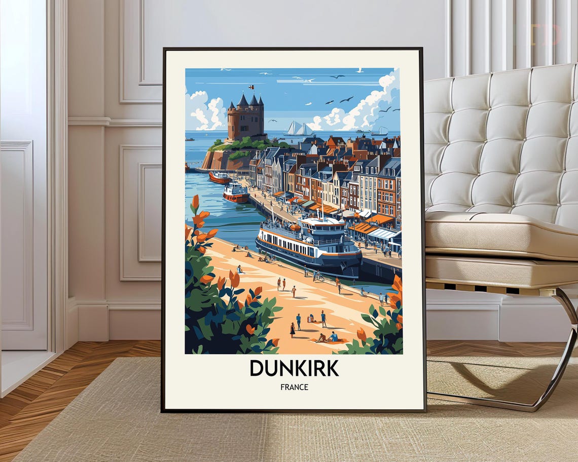 Dunkirk France Harbor Ferry Beach Belfry Vintage Travel Poster