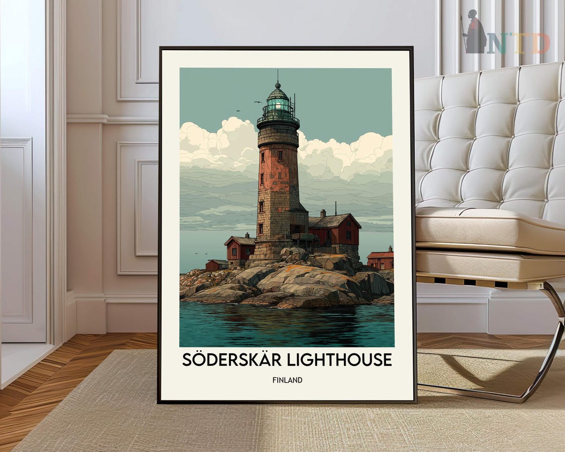 Soderskar Lighthouse Finland Rocky Shores Vintage Travel Poster