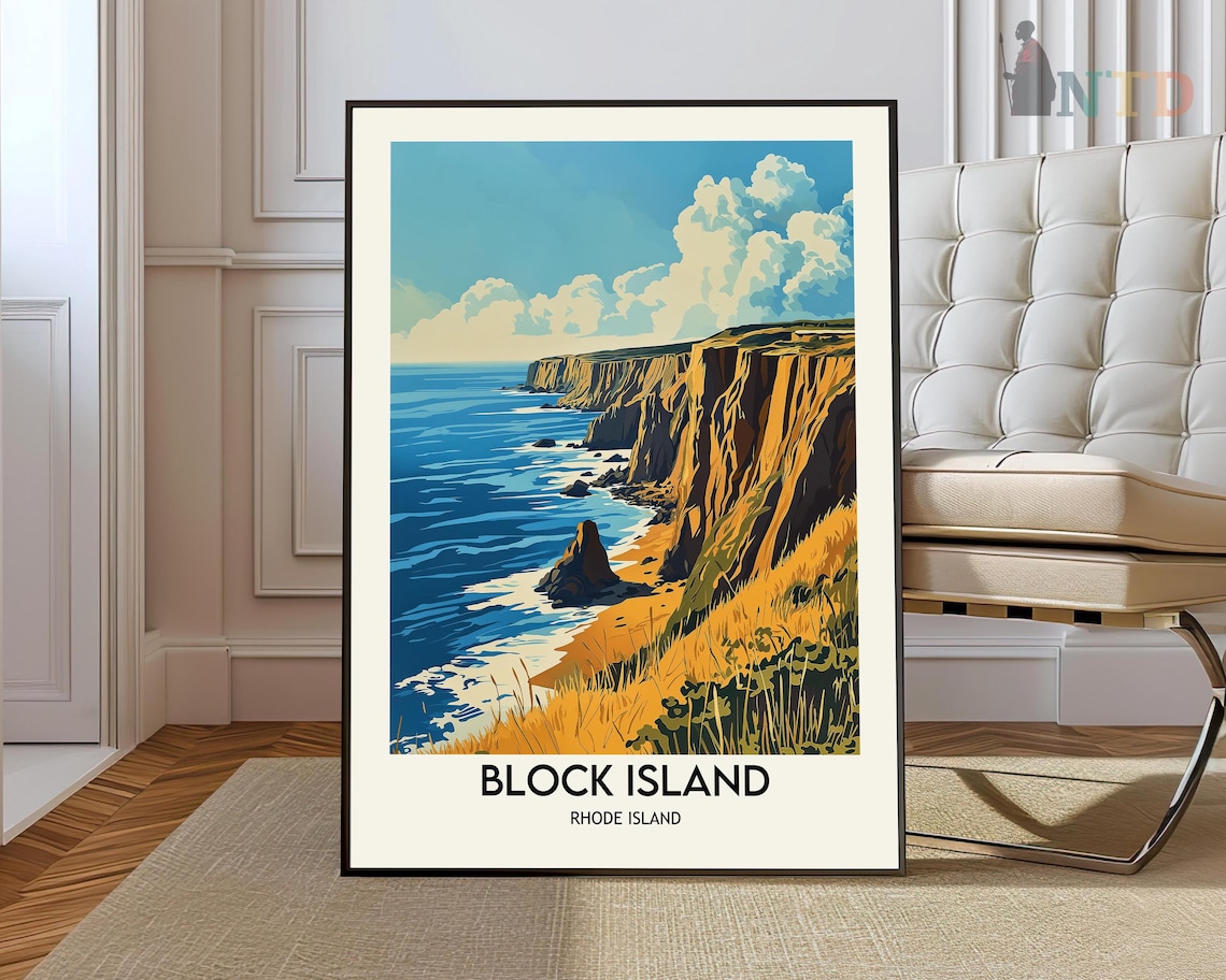 Block Island Rhode Island Sea Cliffs Golden Grass Travel Poster
