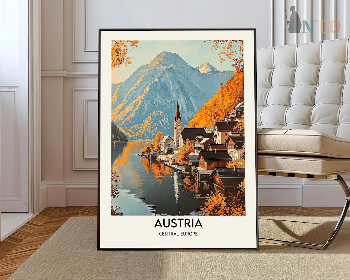 Hallstatt Austria Autumn Lake Village Mountains Vintage Travel Poster