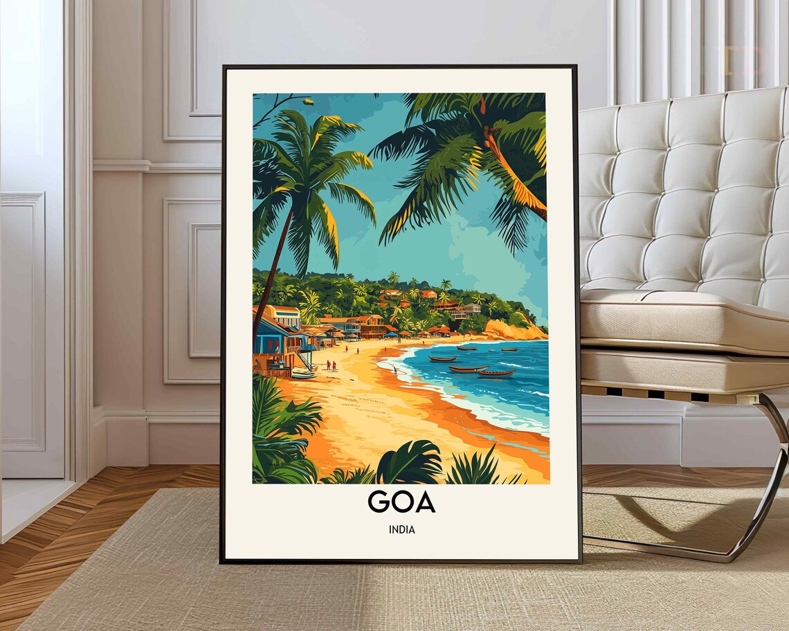 Goa India Palm Fringed Beach With Wooden Fishing Boats Poster