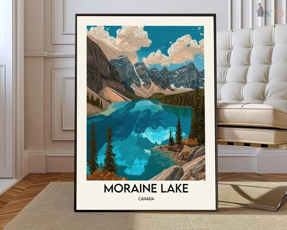 Moraine Lake Autumn Reflection Illustrated Vintage Travel Poster