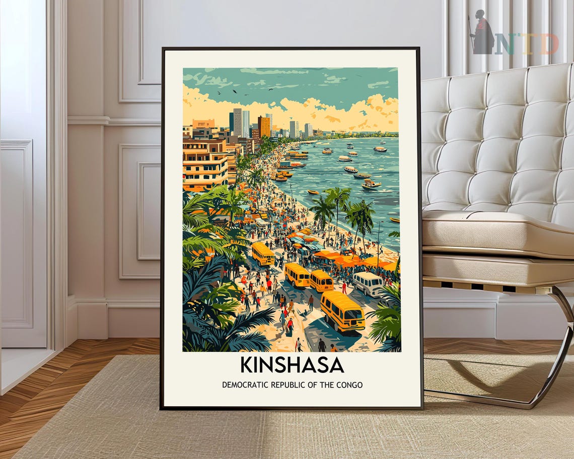 Kinshasa Congo Beach Yellow Buses Boats Palm Tree Travel Poster