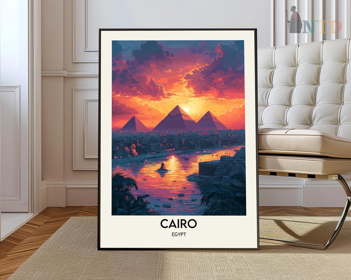 Cairo Pyramids at Sunset Over the Nile with a Felucca Sailing Poster