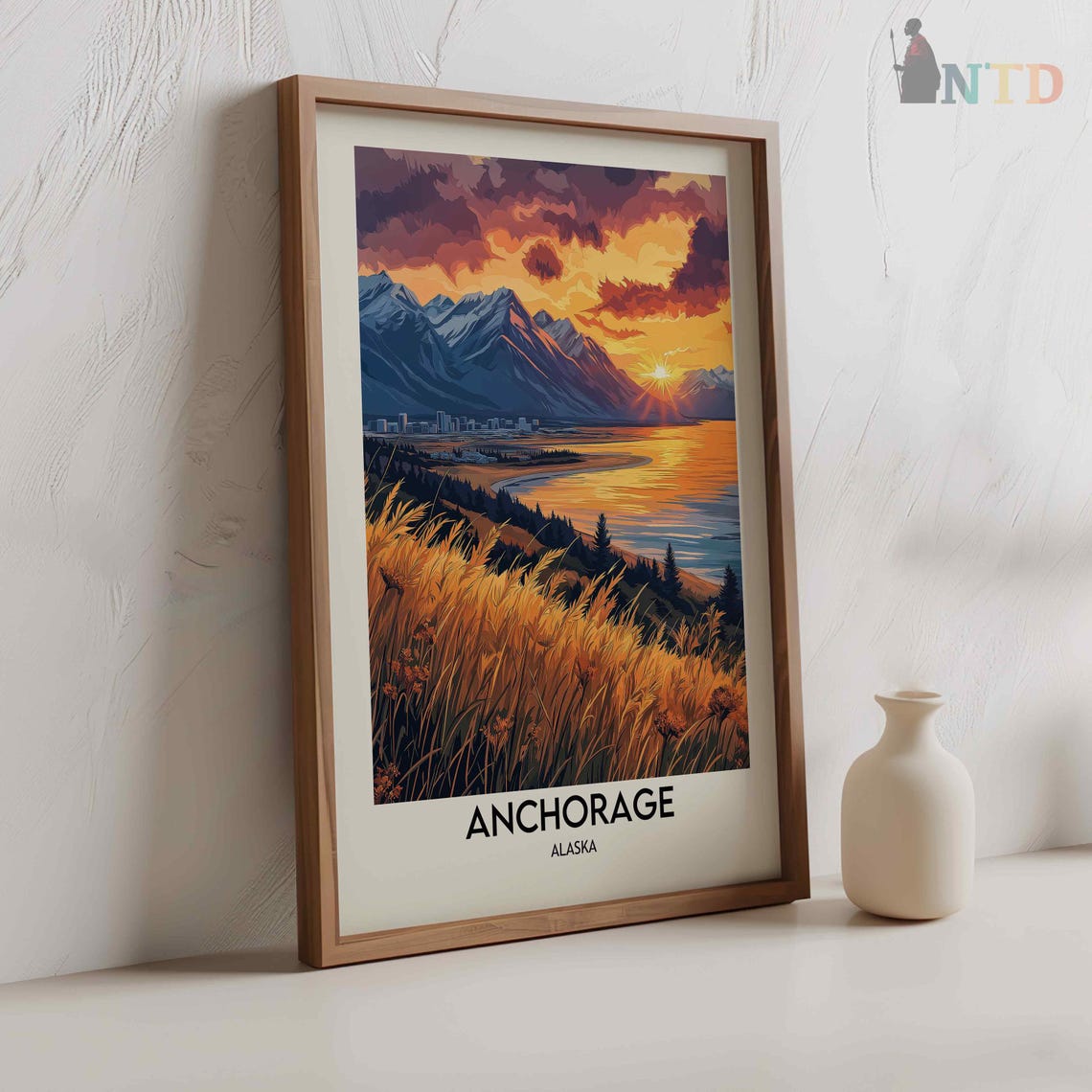 Anchorage Alaska Sunset Bay Chugach Mountains Golden Grass Poster - Image 2