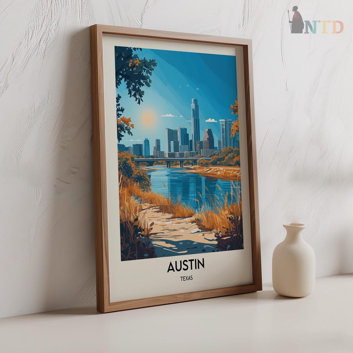 Austin Texas Daytime Skyline River Path Reeds Scene Travel Poster - Image 2