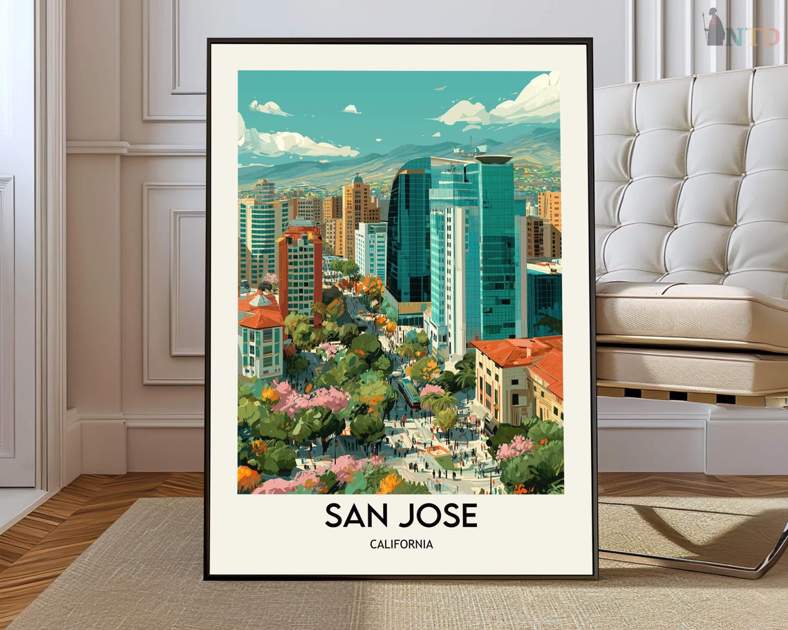 San Jose California Downtown Skyline Illustrated Travel Poster