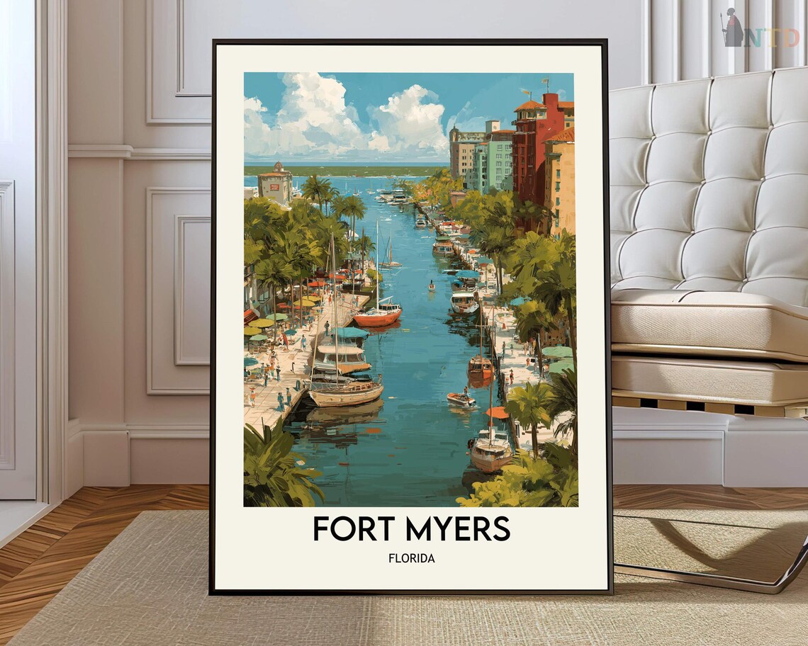 Fort Myers Florida Marina Boats Sunlit Waterfront Travel Poster