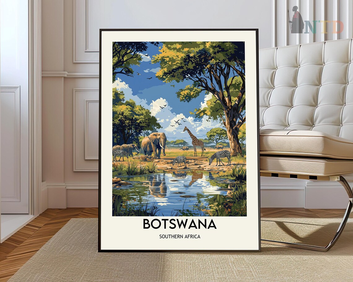 Botswana Safari Waterhole Elephant Giraffe Travel Poster Southern Africa