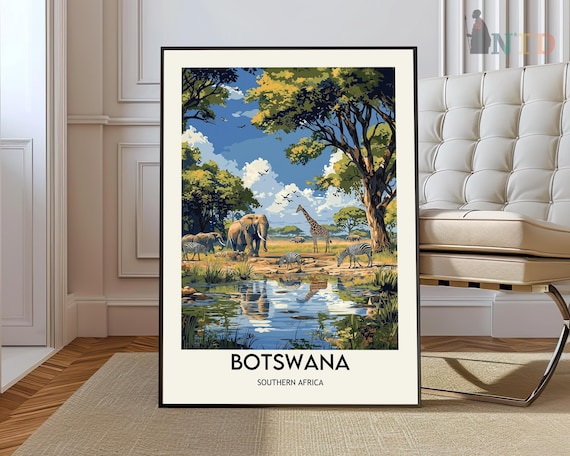 Botswana Safari Waterhole Elephant Giraffe Travel Poster Southern Africa