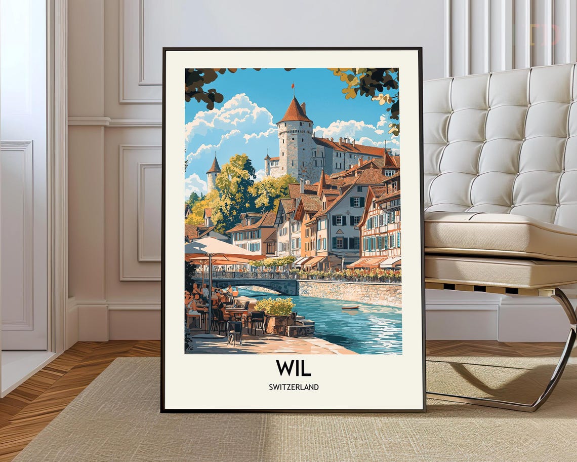 Wil Switzerland Riverside Old Town Castle Vintage Travel Poster