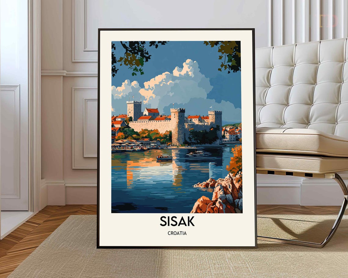 Sisak Croatia Castle Fortress Harbor Sunset Retro Travel Poster