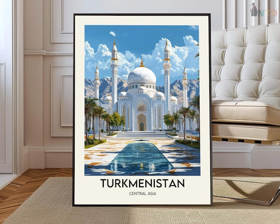 Turkmenistan Travel Poster With Grand White Mosque And Reflecting Pool