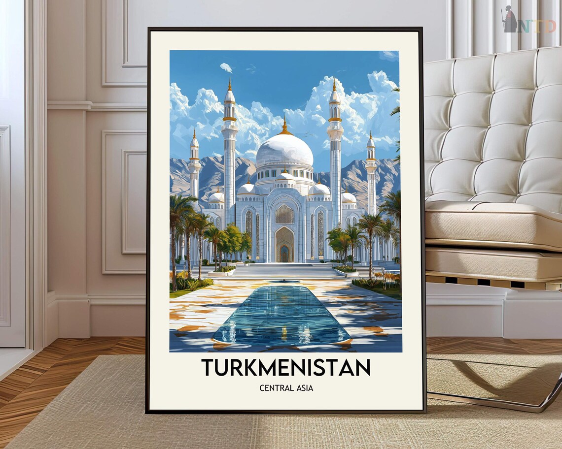 Turkmenistan Travel Poster With Grand White Mosque And Reflecting Pool