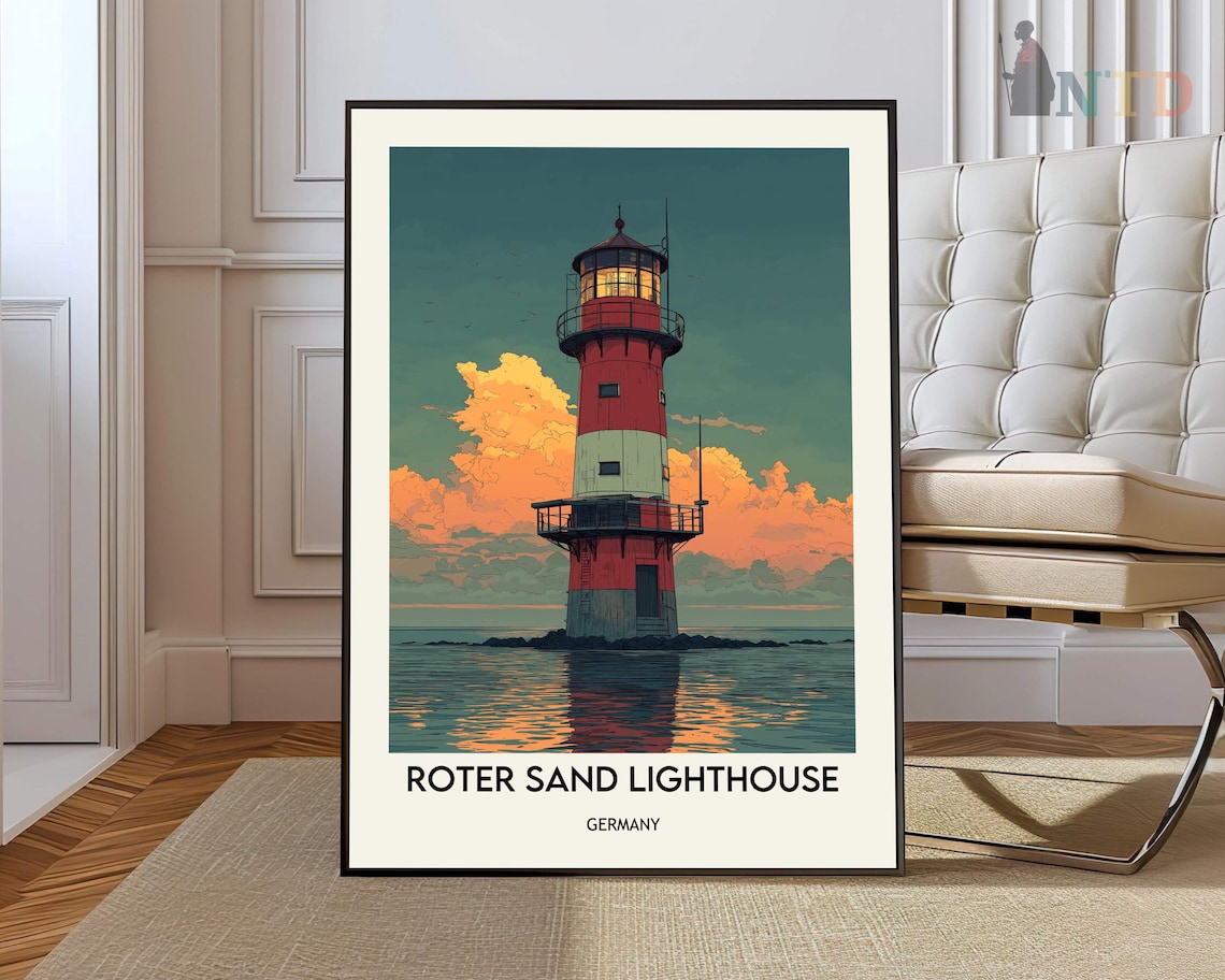 Roter Sand Lighthouse Red Tower Dusk North Sea Travel Poster