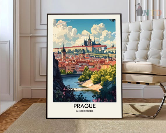Prague Castle Czech Republic Vintage Skyline Travel Art Poster