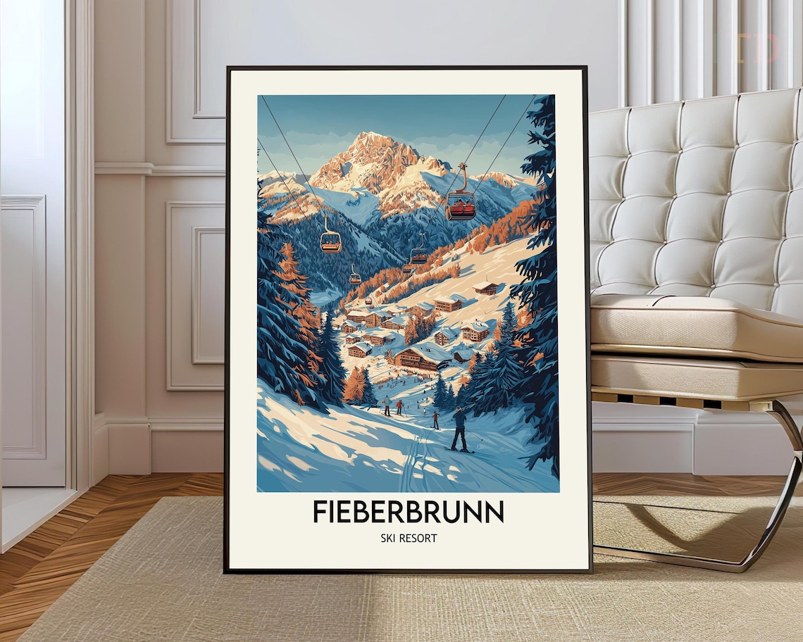 Fieberbrunn Austria Ski Resort Vintage Alpine Gondola Art Poster
