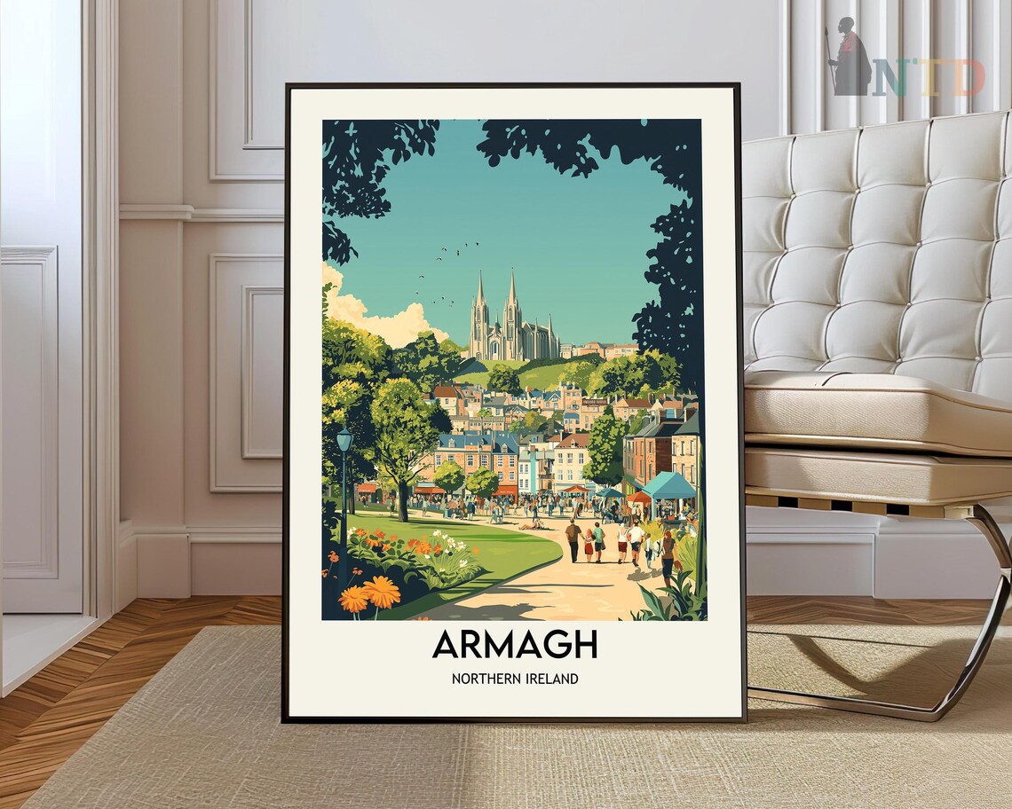 Armagh Northern Ireland Poster with Cathedral View and Sunny Park Gardens