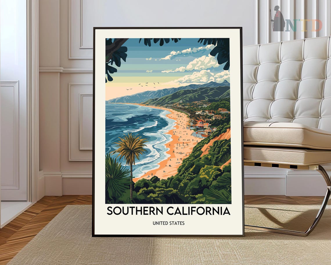 Southern California Beach Coastline Palm Trees Vintage Travel Poster