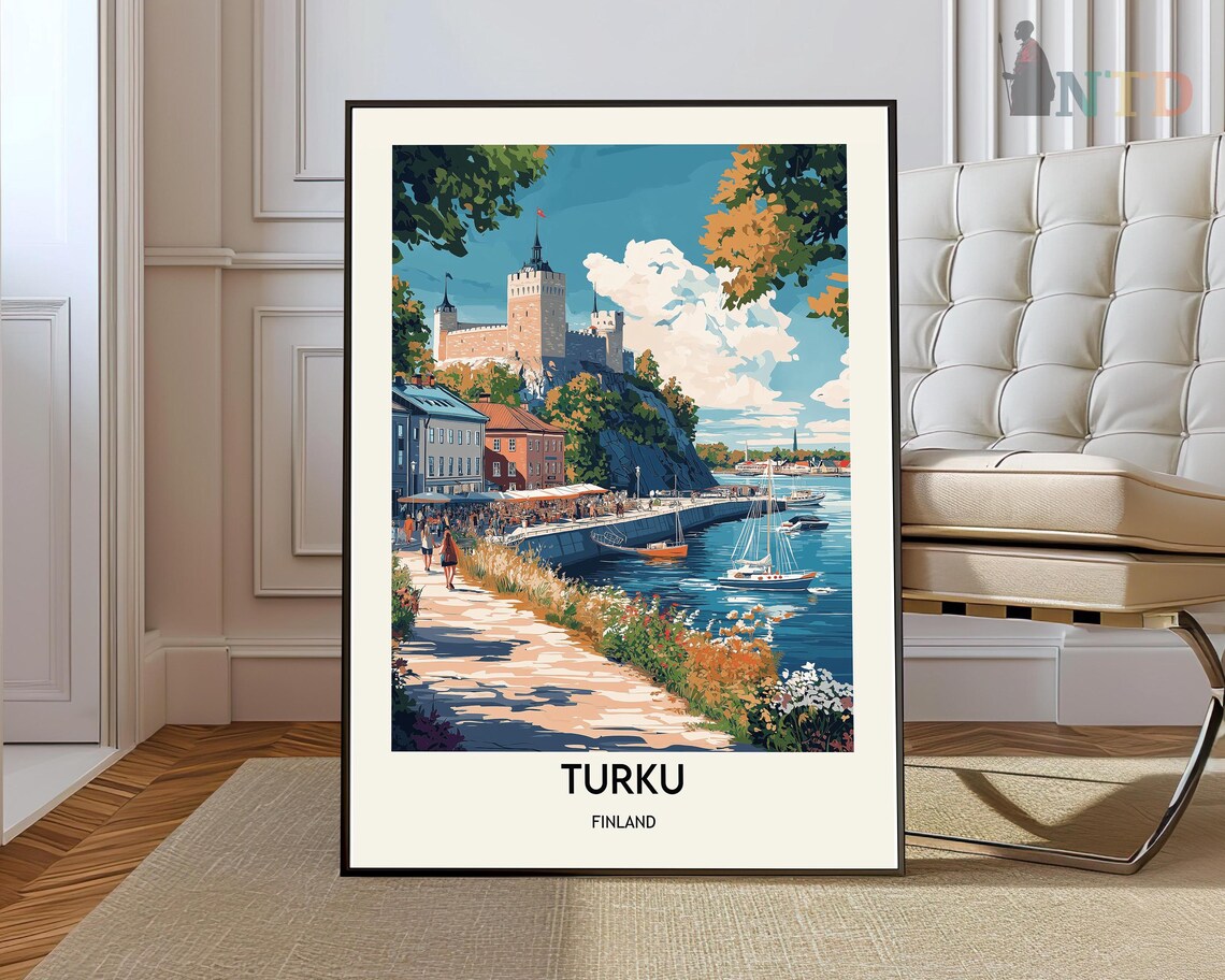 Turku Finland Aura River Castle Sailboats Summer Vintage Poster