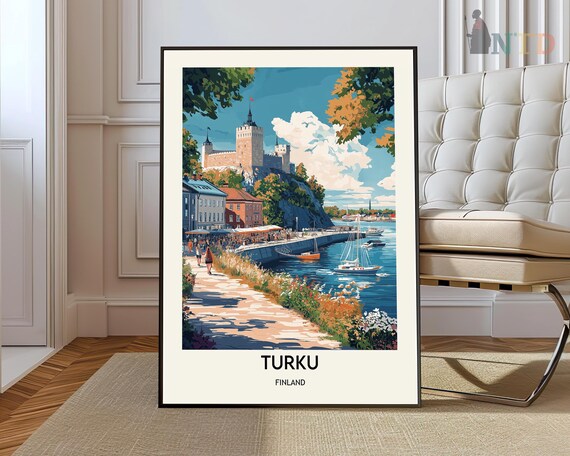 Turku Finland Aura River Castle Sailboats Summer Vintage Poster