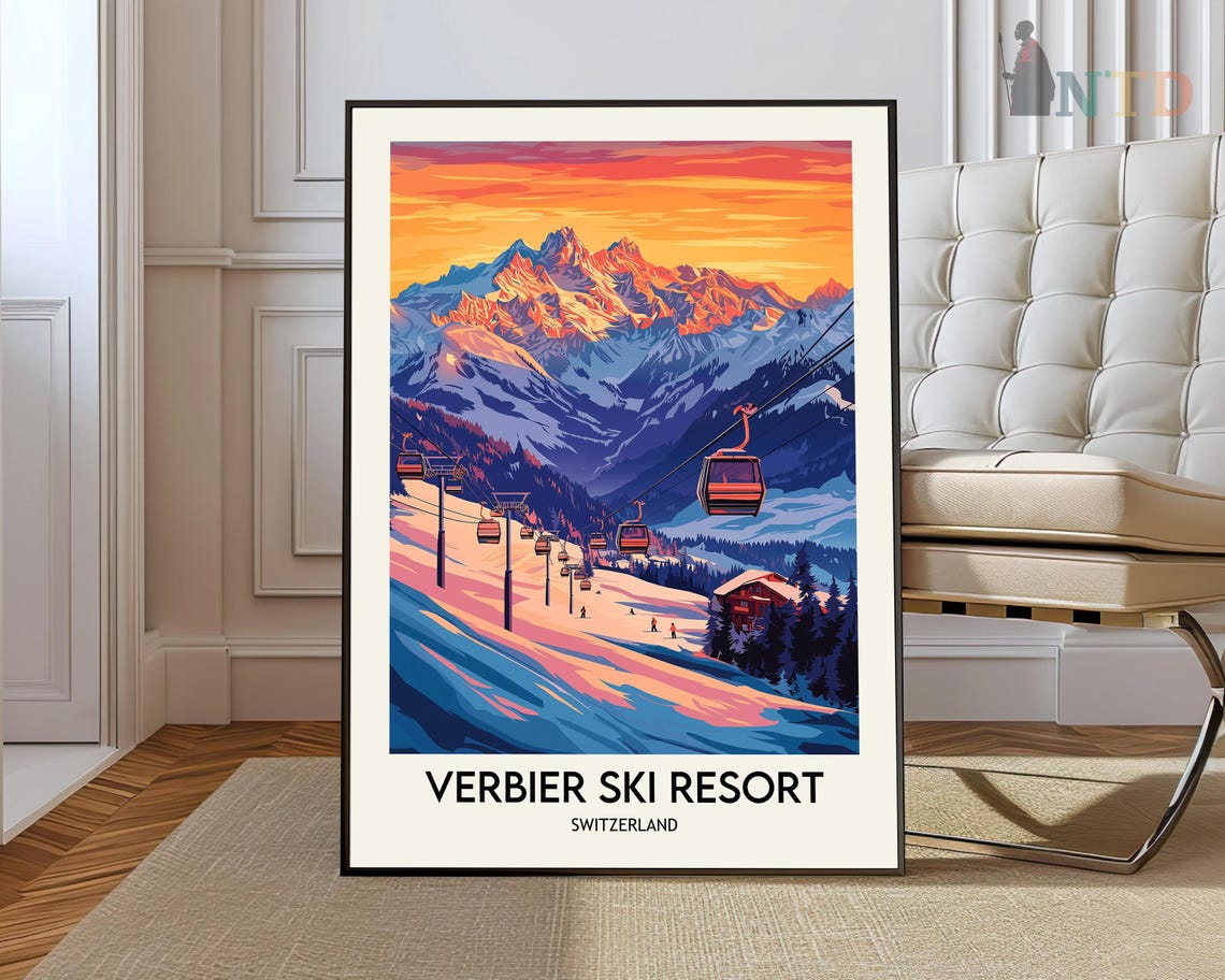 Verbier Ski Resort Gondolas at Orange Sunset View Travel Poster
