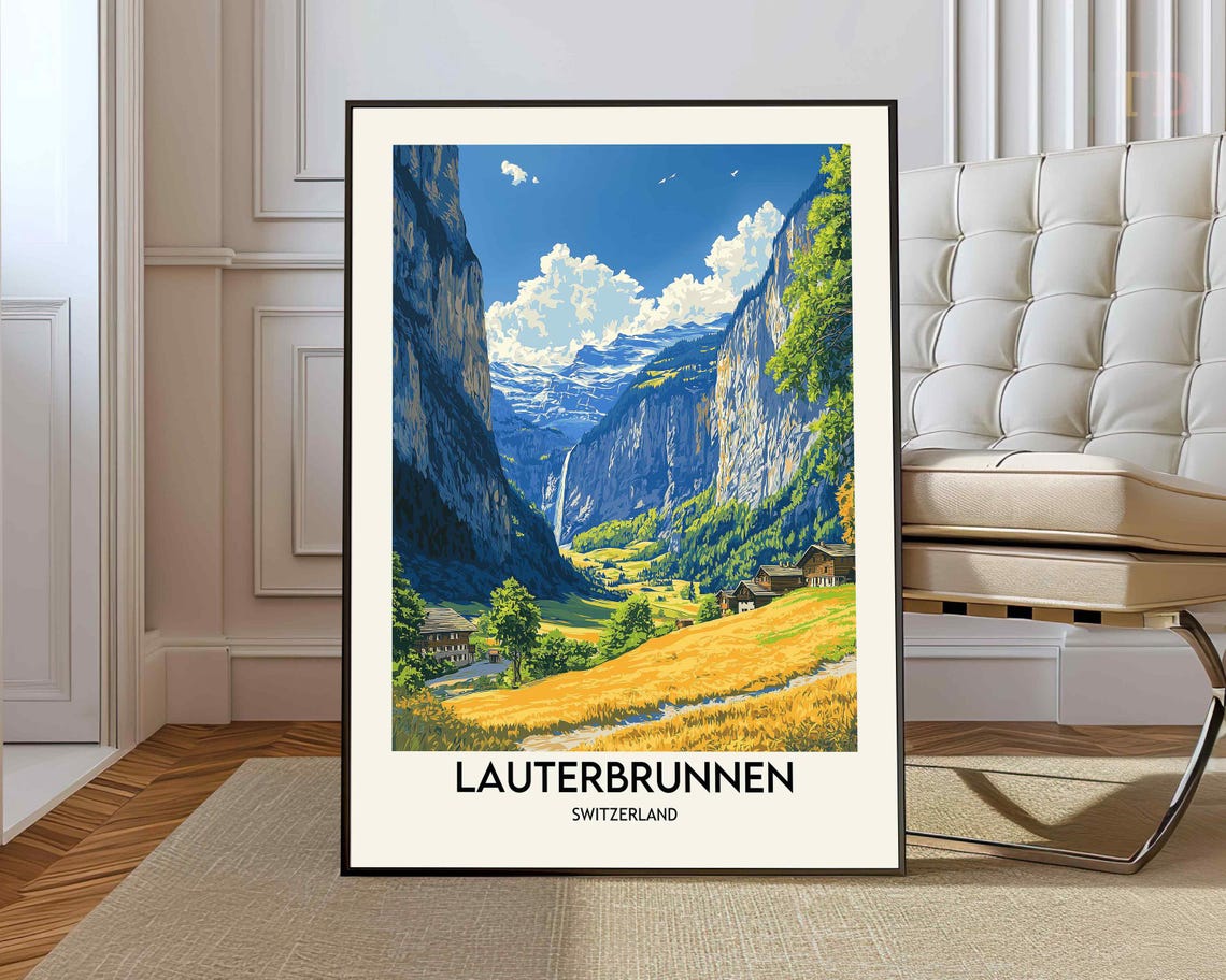 Lauterbrunnen Switzerland Summer Waterfall Valley Cliffs Travel Poster