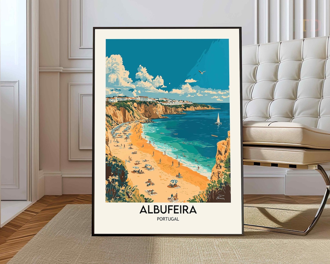Albufeira Portugal Beach Cliffs Sailboats Vintage Travel Poster