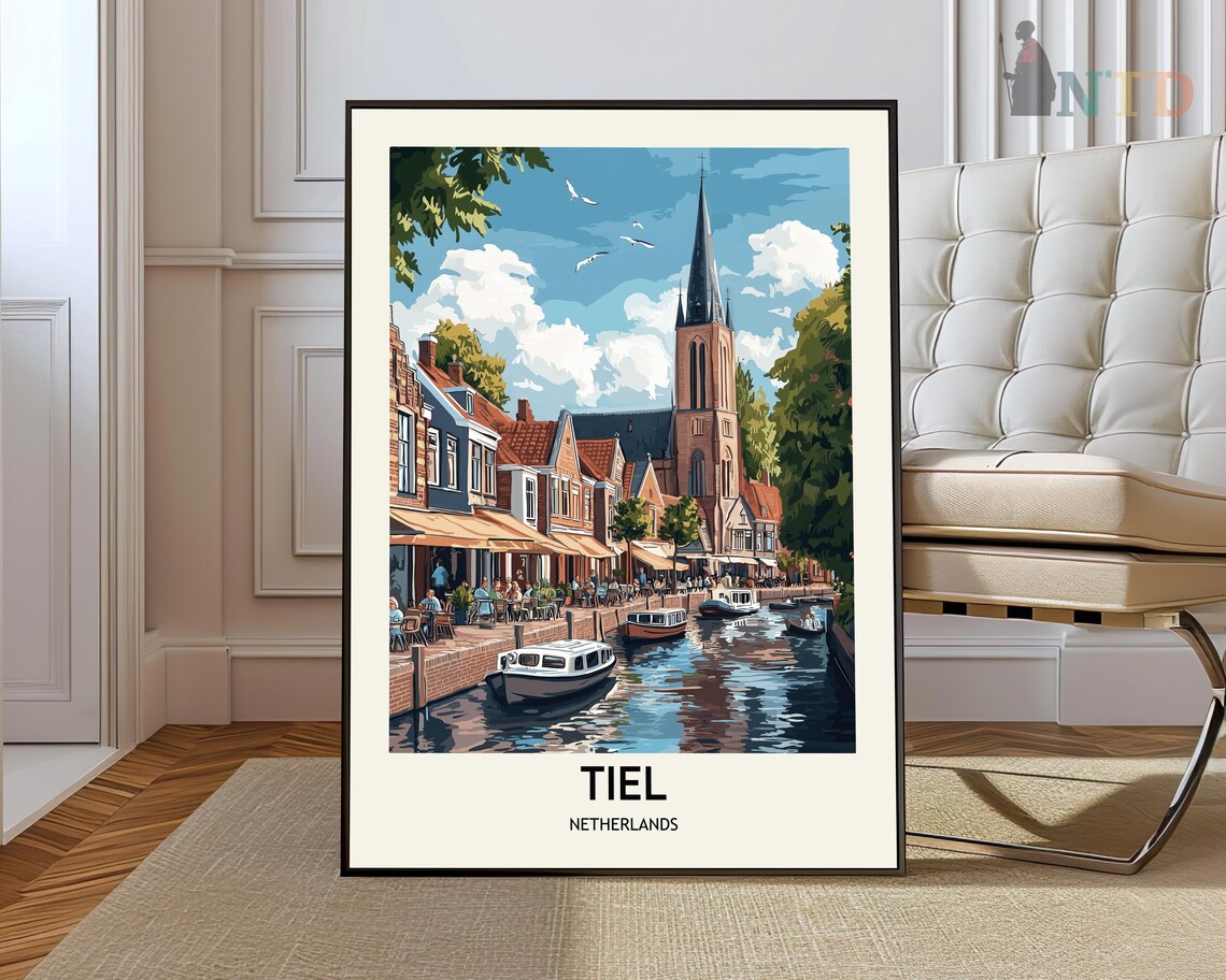 Tiel Netherlands Canal Harbor Boats Vintage Travel Skyline Poster