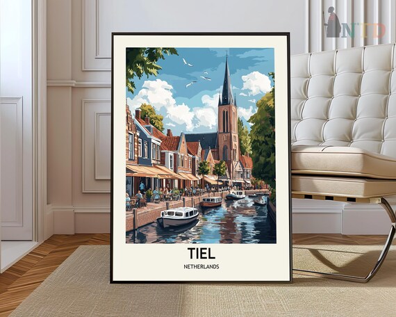 Tiel Netherlands Canal Harbor Boats Vintage Travel Skyline Poster