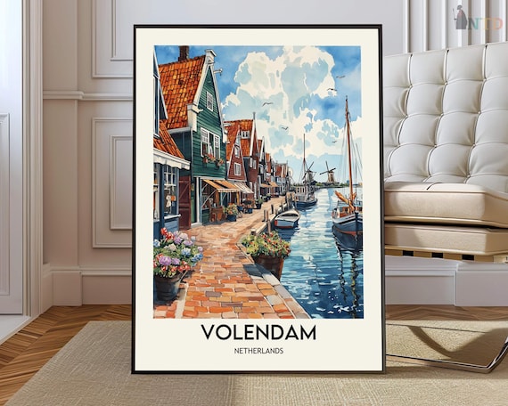Volendam Netherlands Harbor Vintage Travel Poster With Boats And Windmills