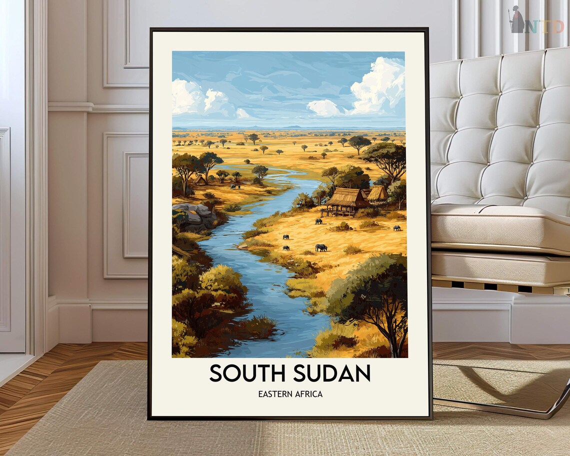 South Sudan Eastern Africa Savanna River Wildlife Travel Poster