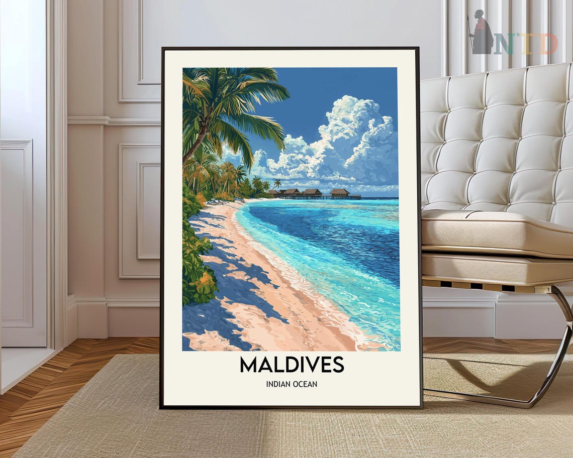 Maldives Indian Ocean Travel Poster Turquoise Beach Palm Trees