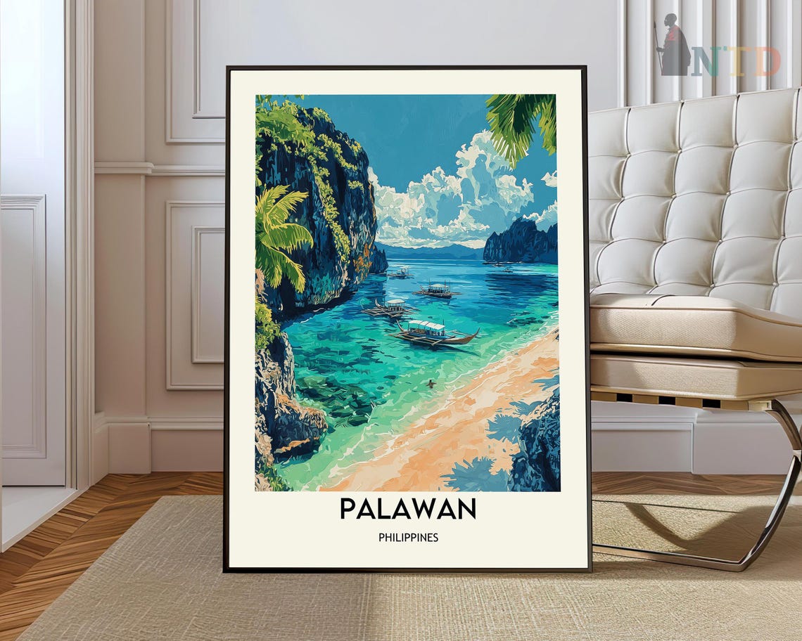 Palawan Philippines Tropical Beach Lagoon Boats Travel Poster