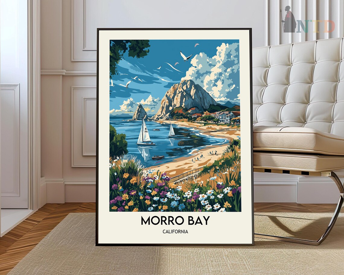 Morro Bay California Wildflower Shore Sailboats Travel Poster