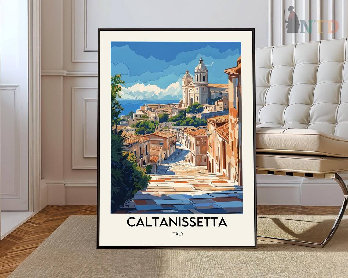 Caltanissetta Italy Hilltop Old Town Church Sunlit Travel Poster