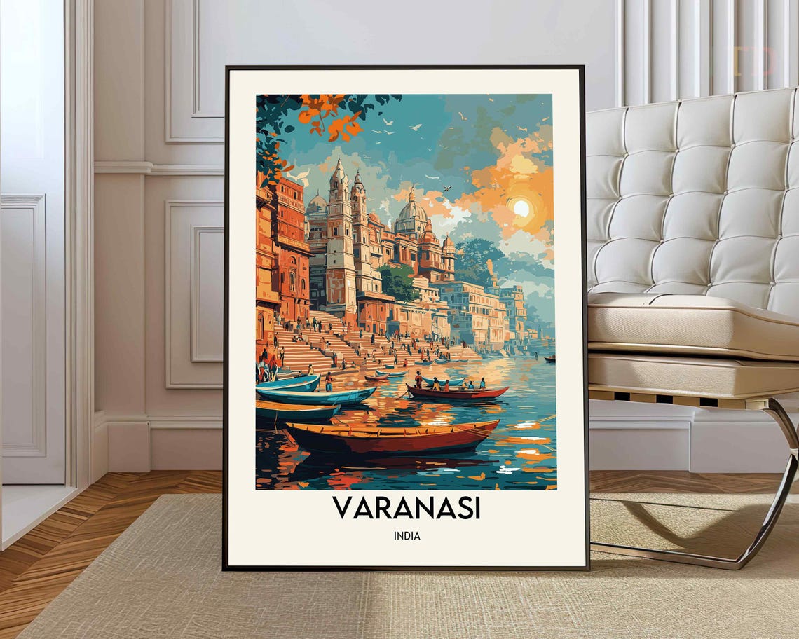 Varanasi India Sunset Riverfront Temples Boats Travel Poster