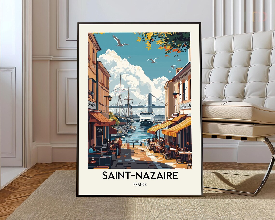 Saint Nazaire France Travel Poster Tall Ship Harbor Street Cafes Scene