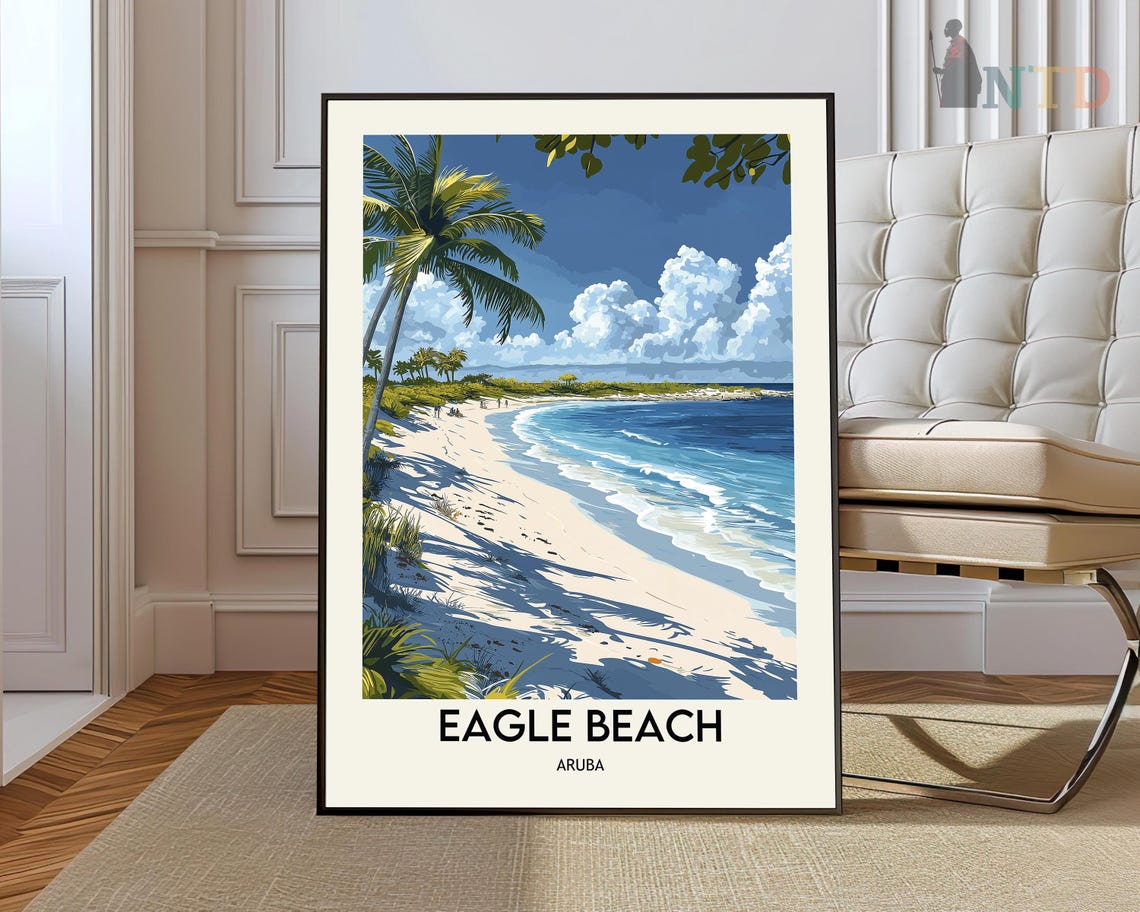 Eagle Beach Aruba White Sand Palm Trees Vintage Travel Poster