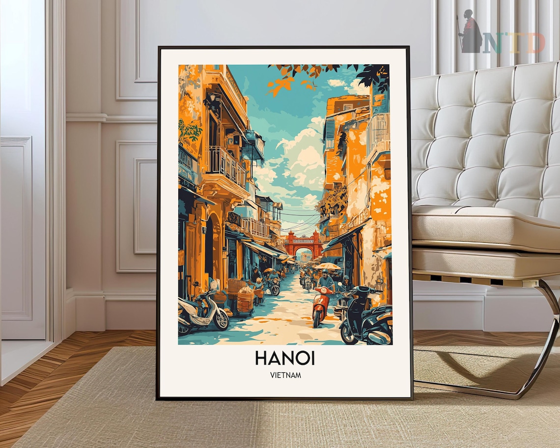 Hanoi Vietnam Travel Poster Scooter Street Colonial Buildings