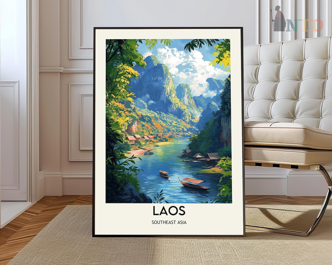 Laos Southeast Asia River Gorge Karst Peaks and Boats Travel Poster