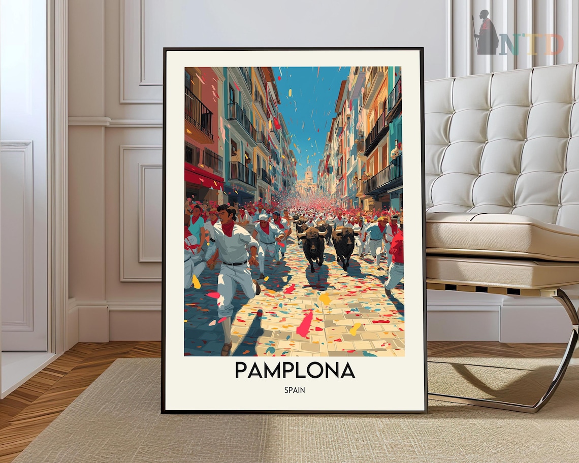 Pamplona Spain Running Of The Bulls Festival Street Travel Poster