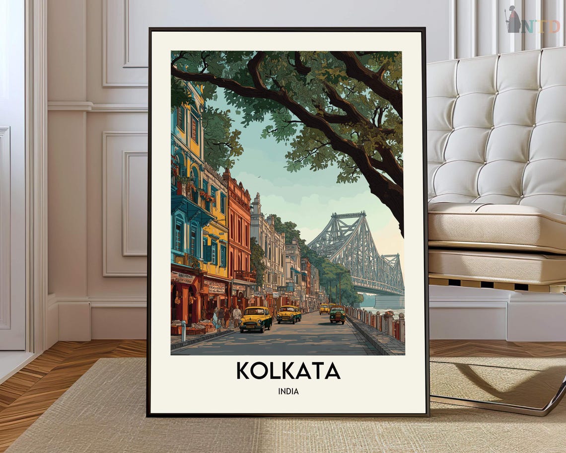 Kolkata India Howrah Bridge Riverside Street Scene Travel Poster